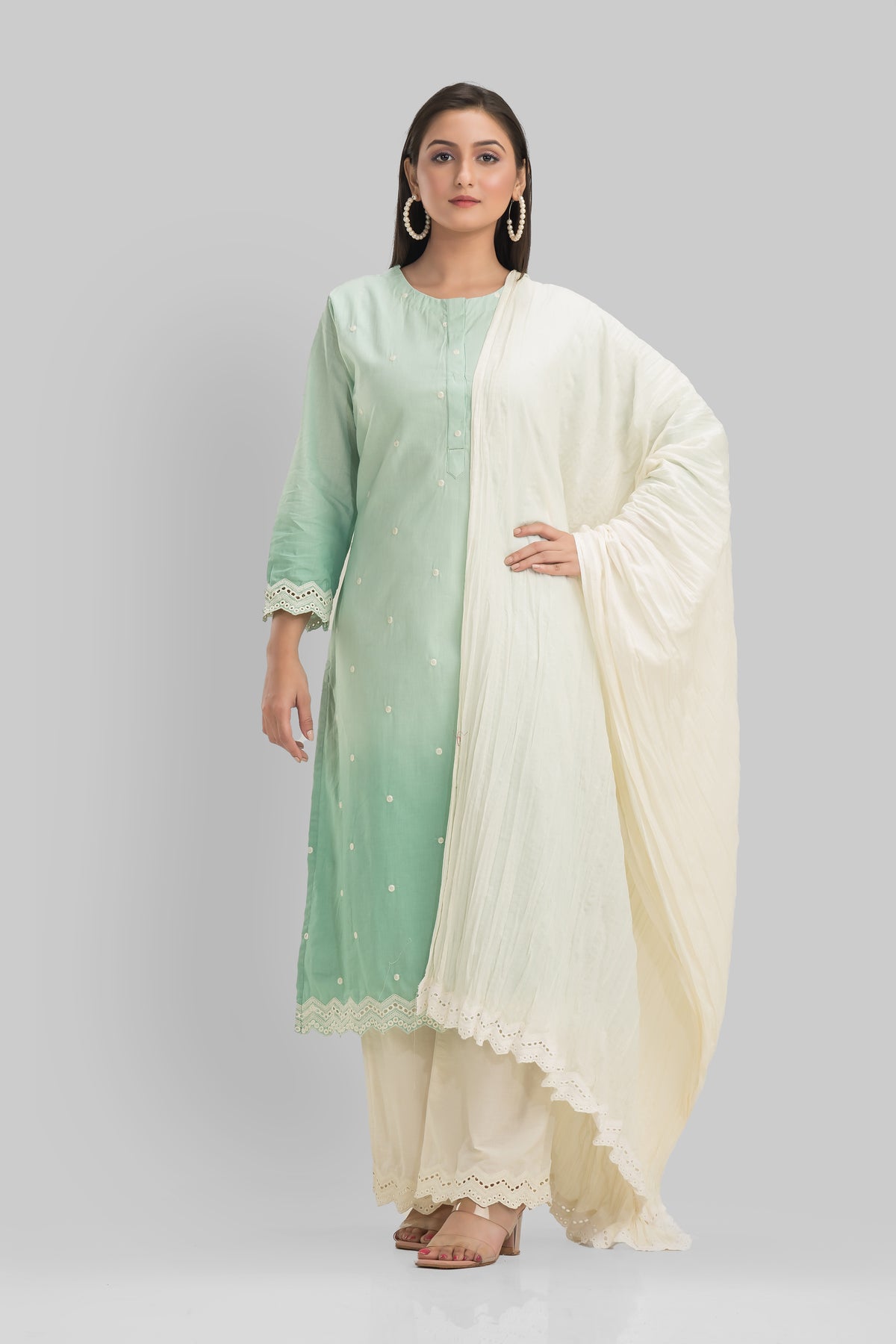 Embroidered Cotton Kurta-Pant-Dupatta Set