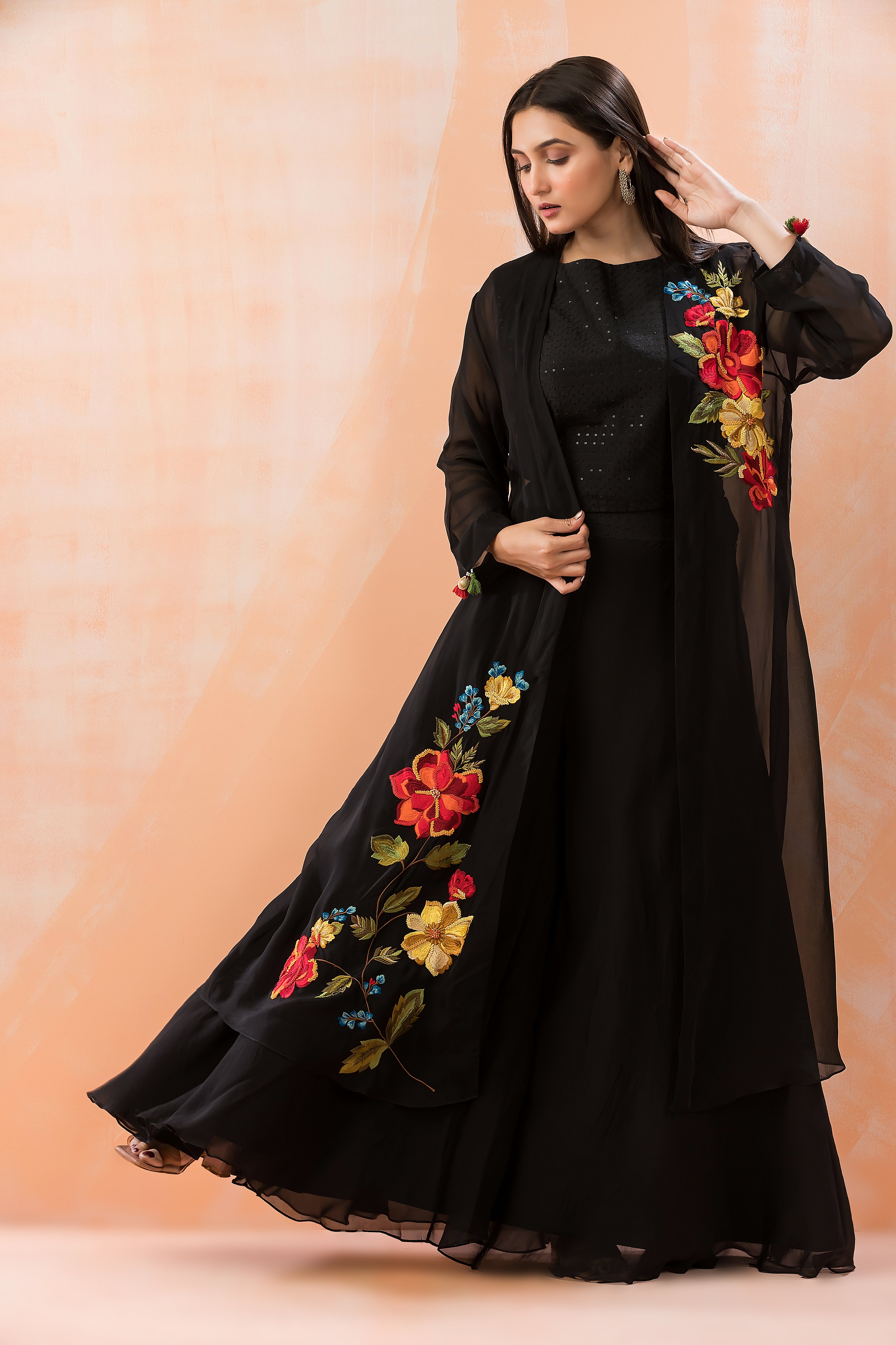 designer dress with long jacket Red Jacket Gown With Net Skirt AGASHE