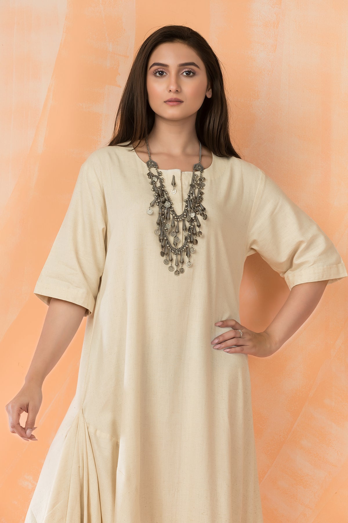 Cowl Drape Cotton Gown with Neckpiece
