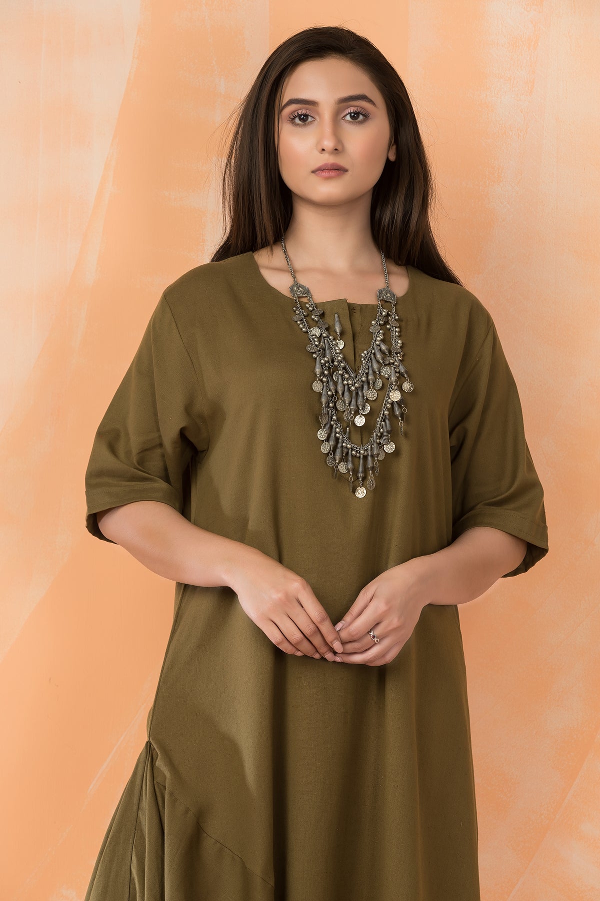 Cowl Drape Cotton Gown with Neckpiece