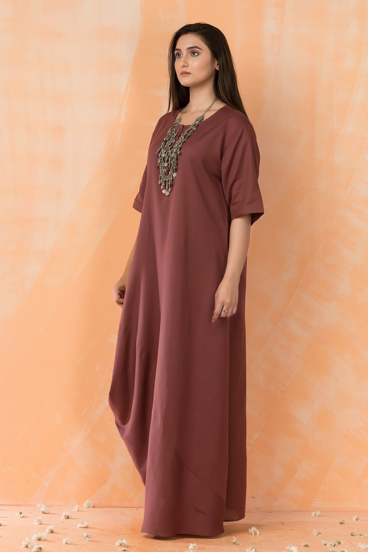 Cowl Drape Cotton Gown with Neckpiece