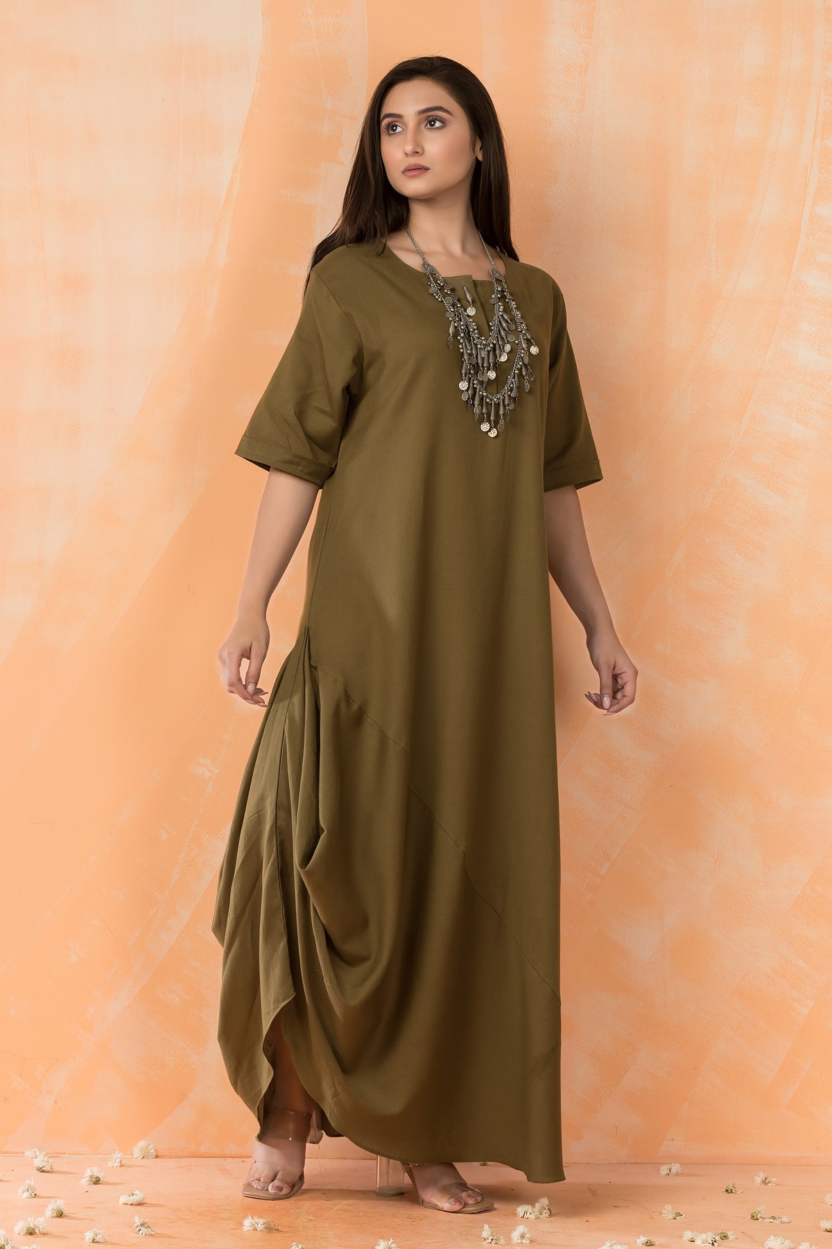 Cowl Drape Cotton Gown with Neckpiece