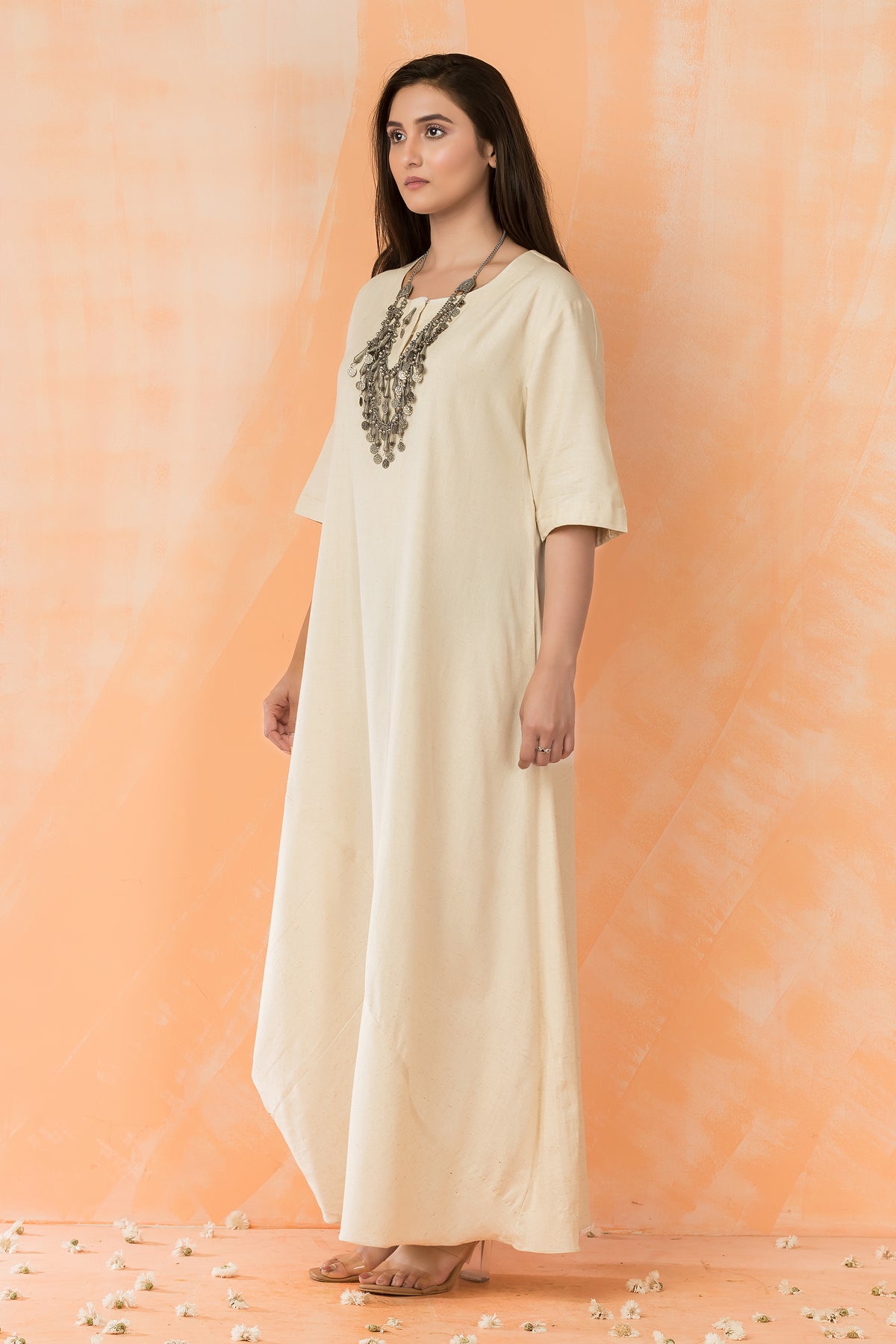 Cowl Drape Cotton Gown with Neckpiece