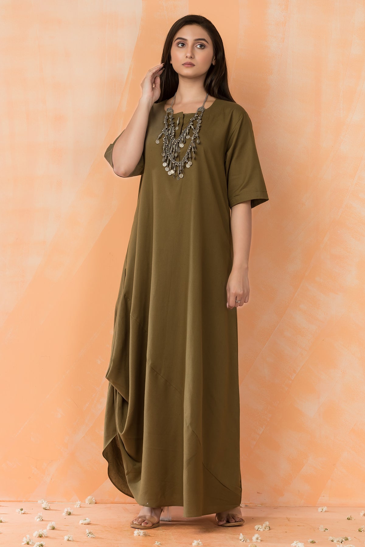 Cowl Drape Cotton Gown with Neckpiece