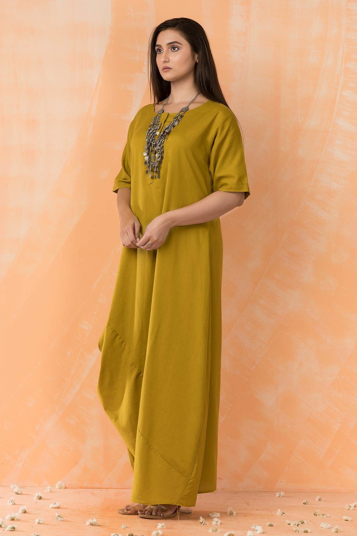 Cowl Drape Cotton Gown with Neckpiece