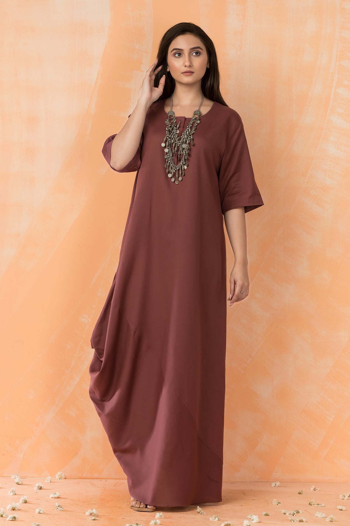 Cowl Drape Cotton Gown with Neckpiece
