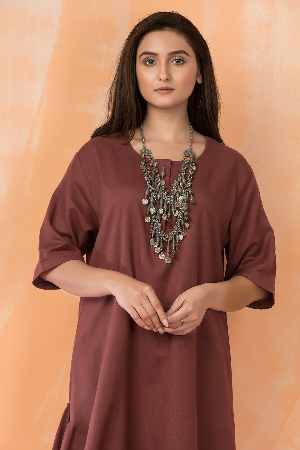 Cowl Drape Cotton Gown with Neckpiece