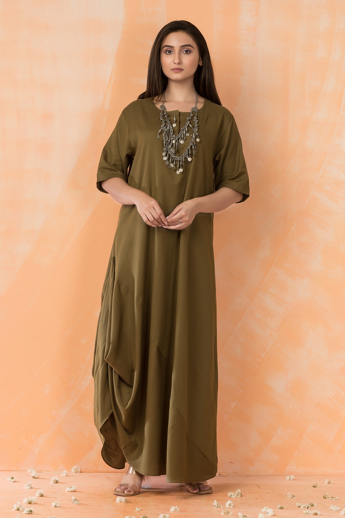 Cowl Drape Cotton Gown with Neckpiece
