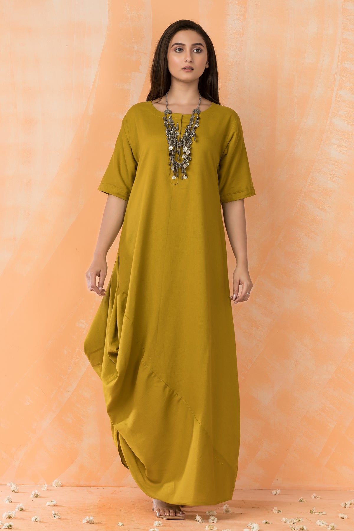 Cowl Drape Cotton Gown with Neckpiece
