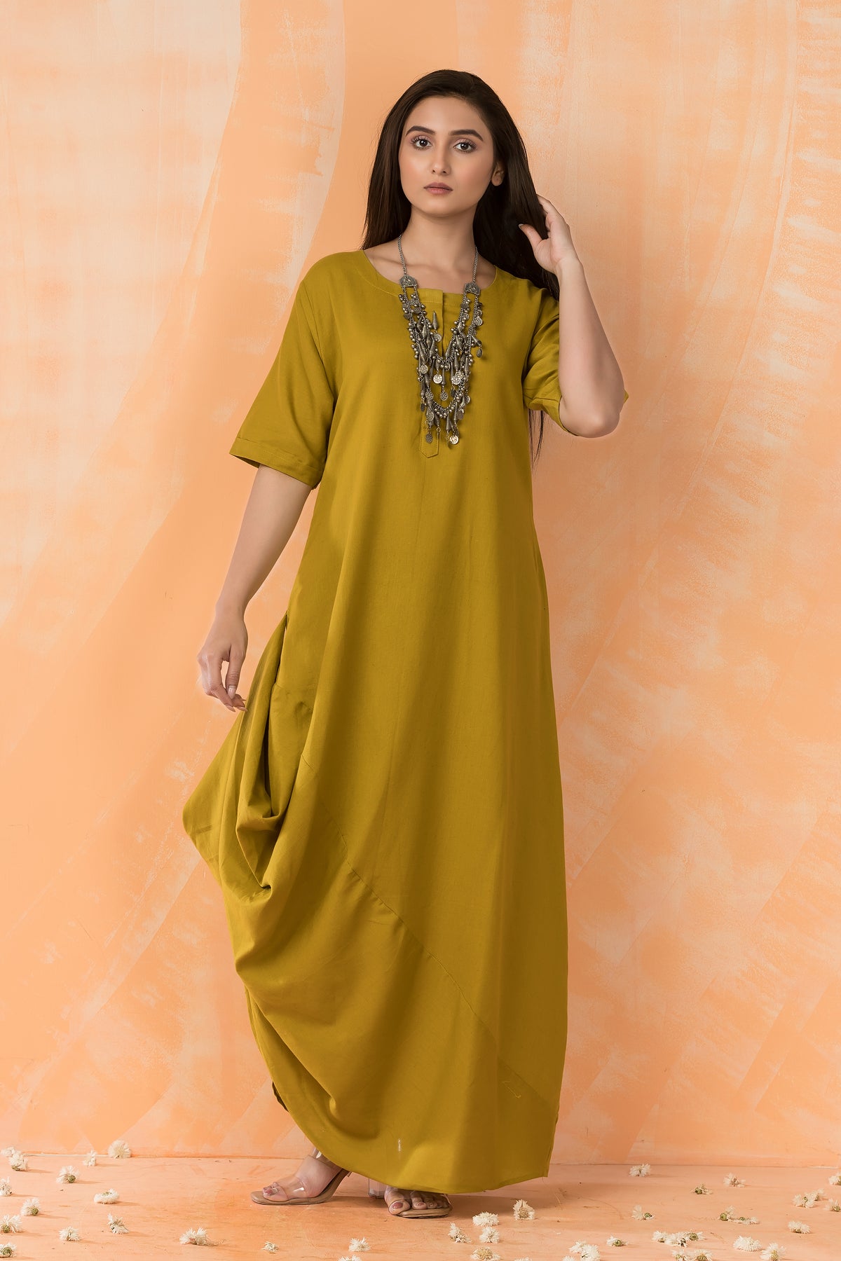 Cowl Drape Cotton Gown with Neckpiece