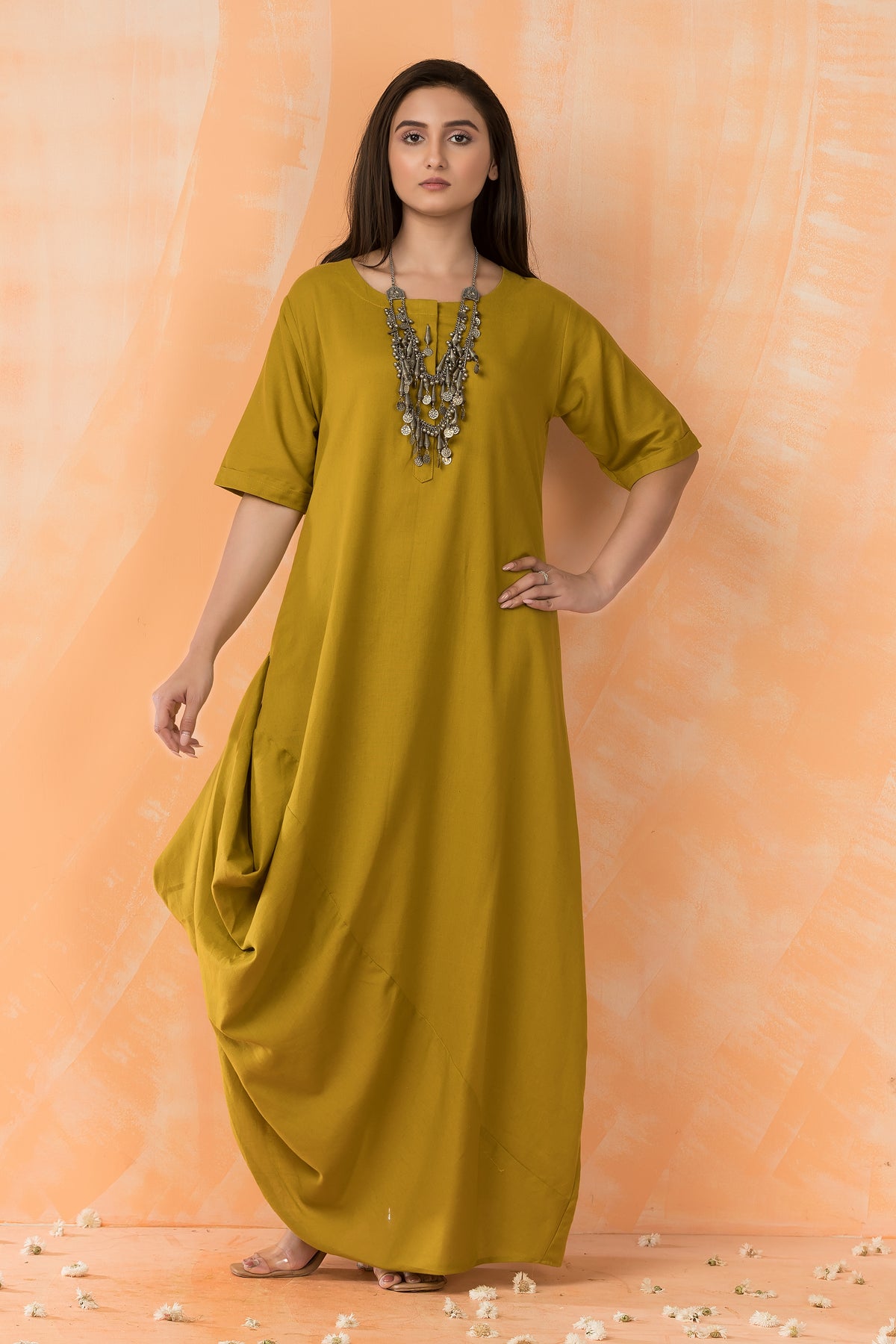 Cowl Drape Cotton Gown with Neckpiece