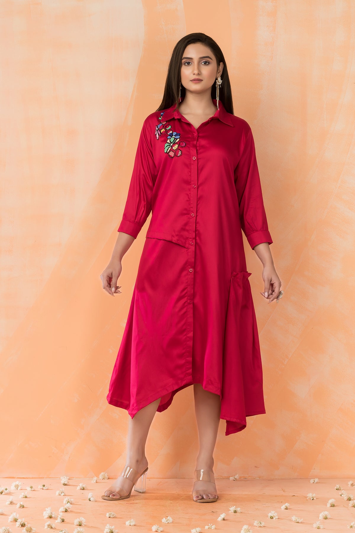 Asymmertric Floral Embroidered Dress