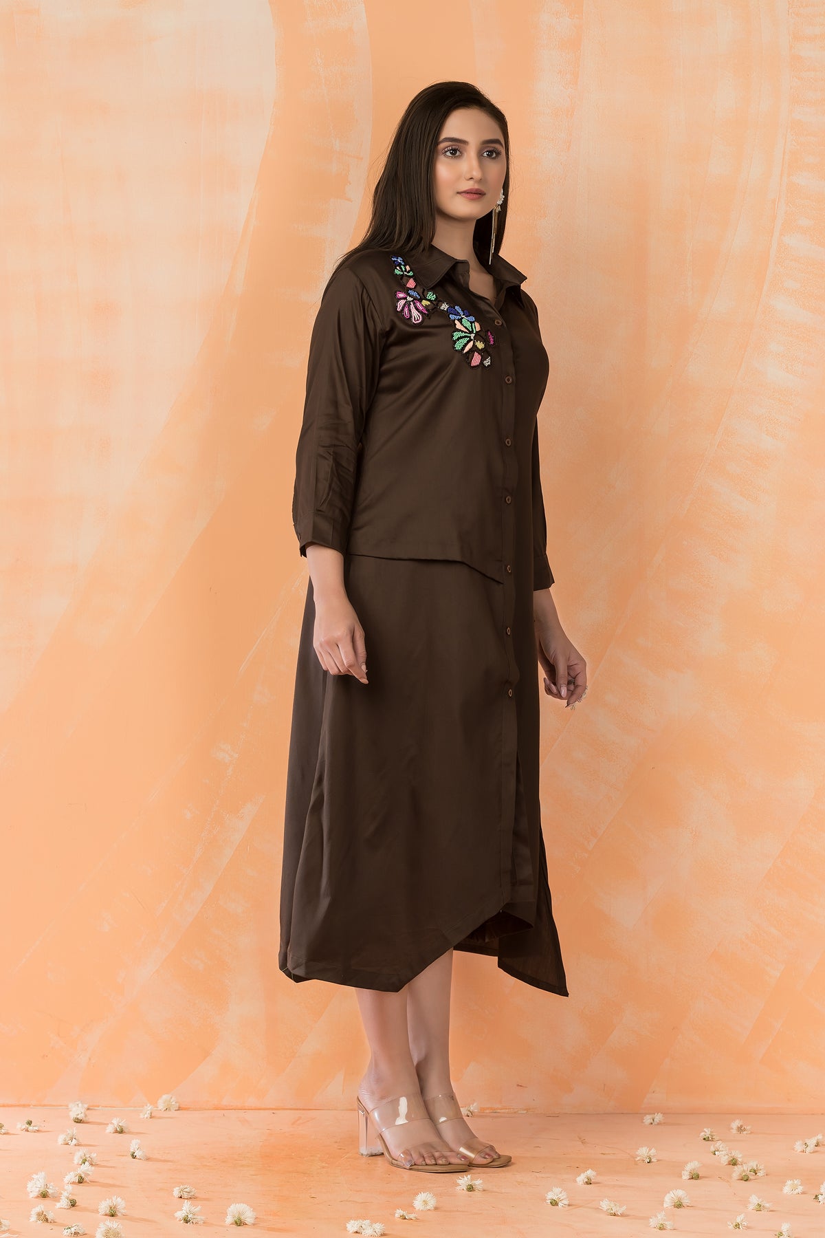 Asymmertric Floral Embroidered Dress