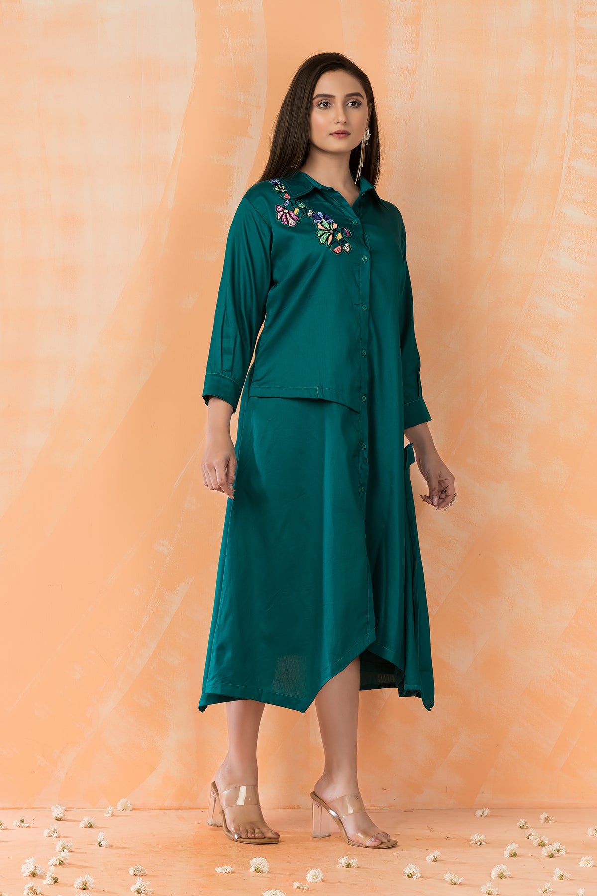 Asymmertric Floral Embroidered Dress