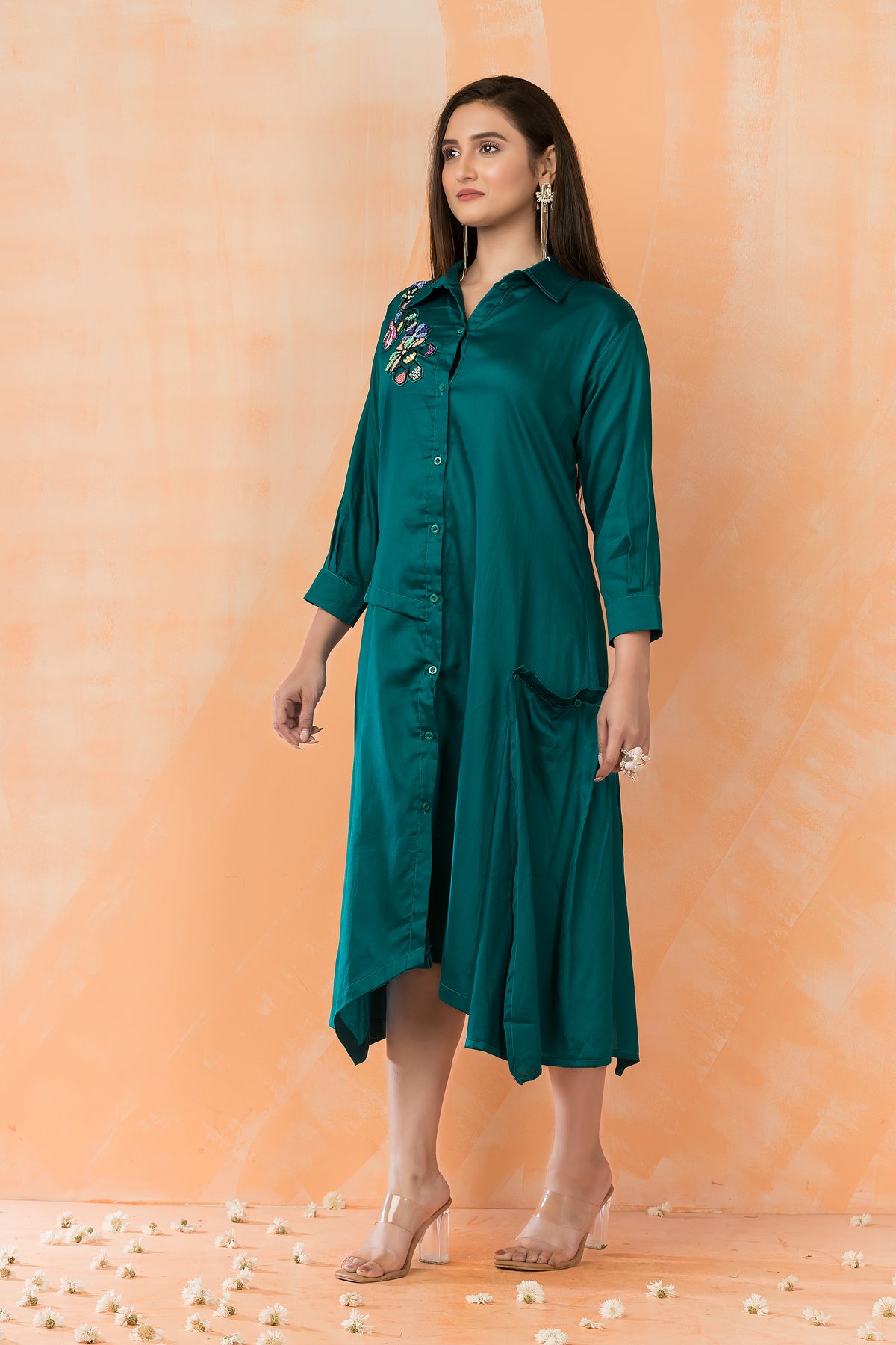 Asymmertric Floral Embroidered Dress