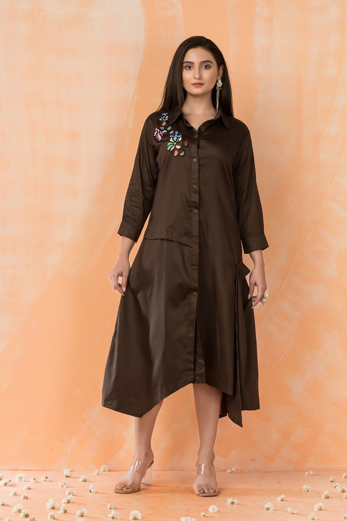 Asymmertric Floral Embroidered Dress