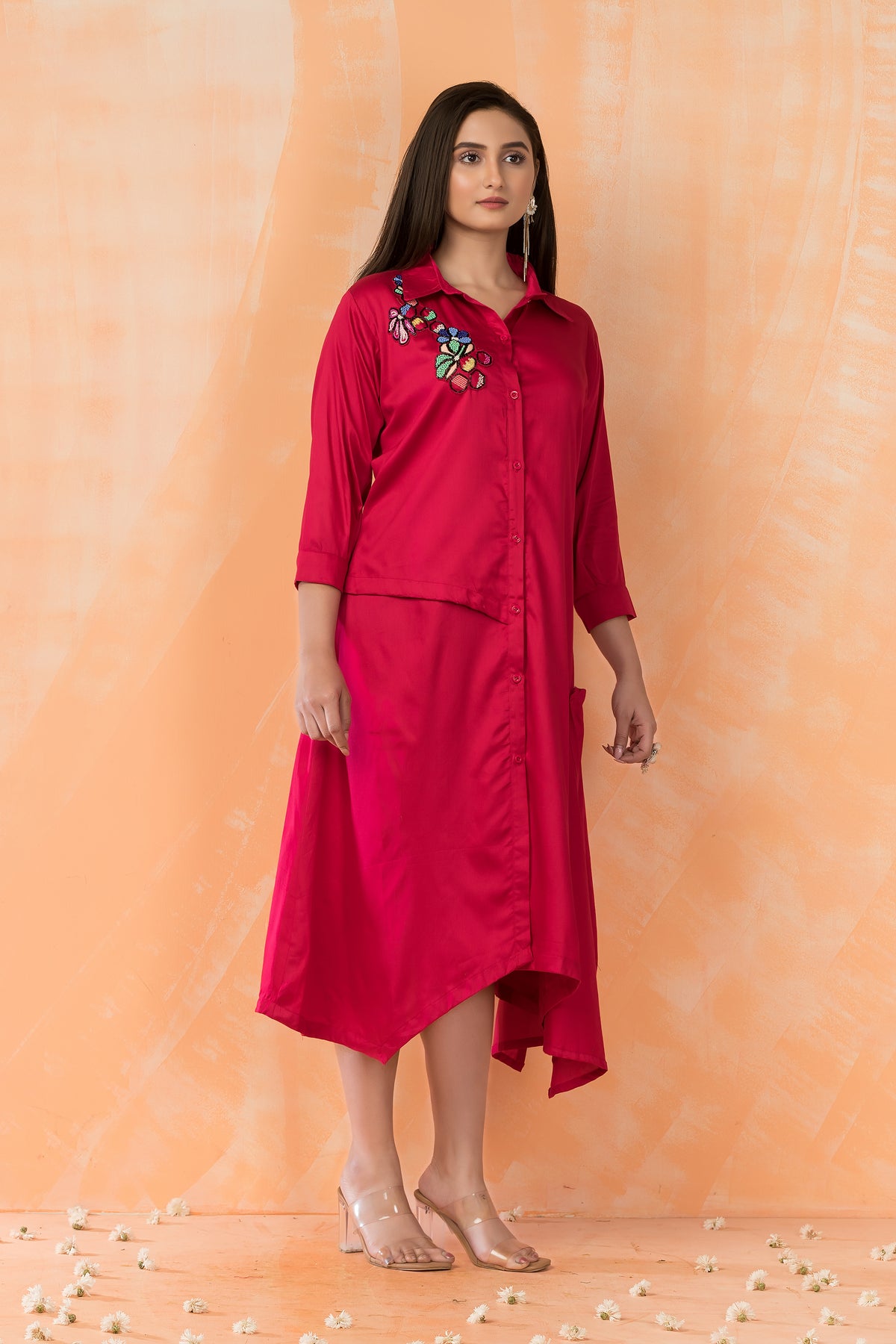 Asymmertric Floral Embroidered Dress