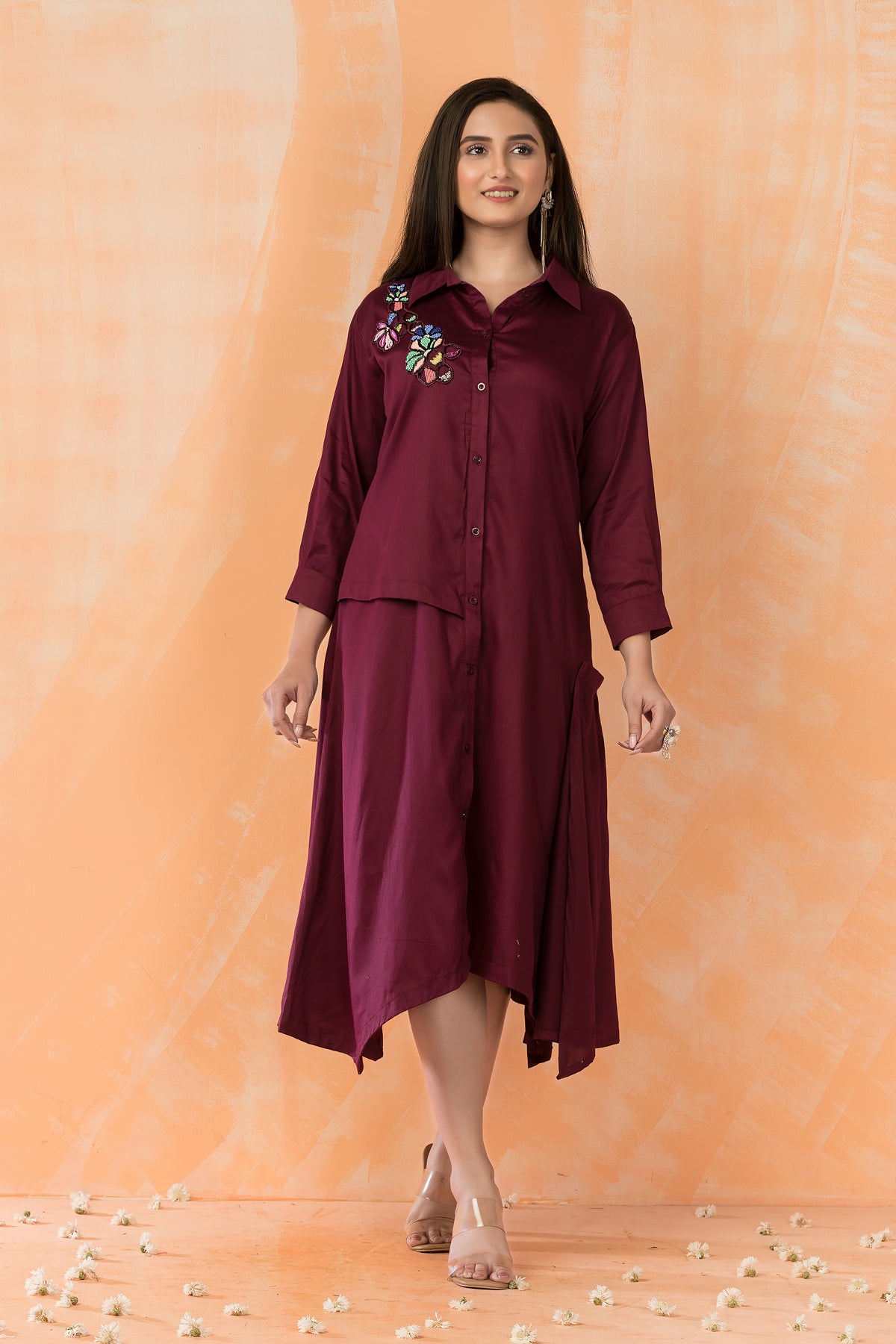 Asymmertric Floral Embroidered Dress