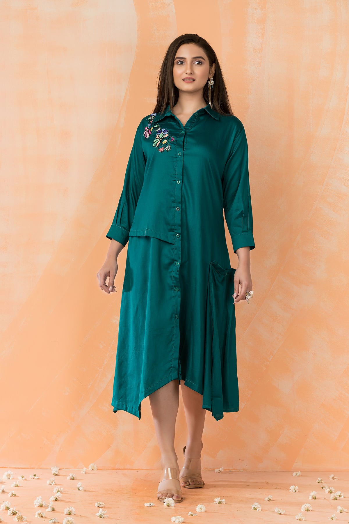 Asymmertric Floral Embroidered Dress