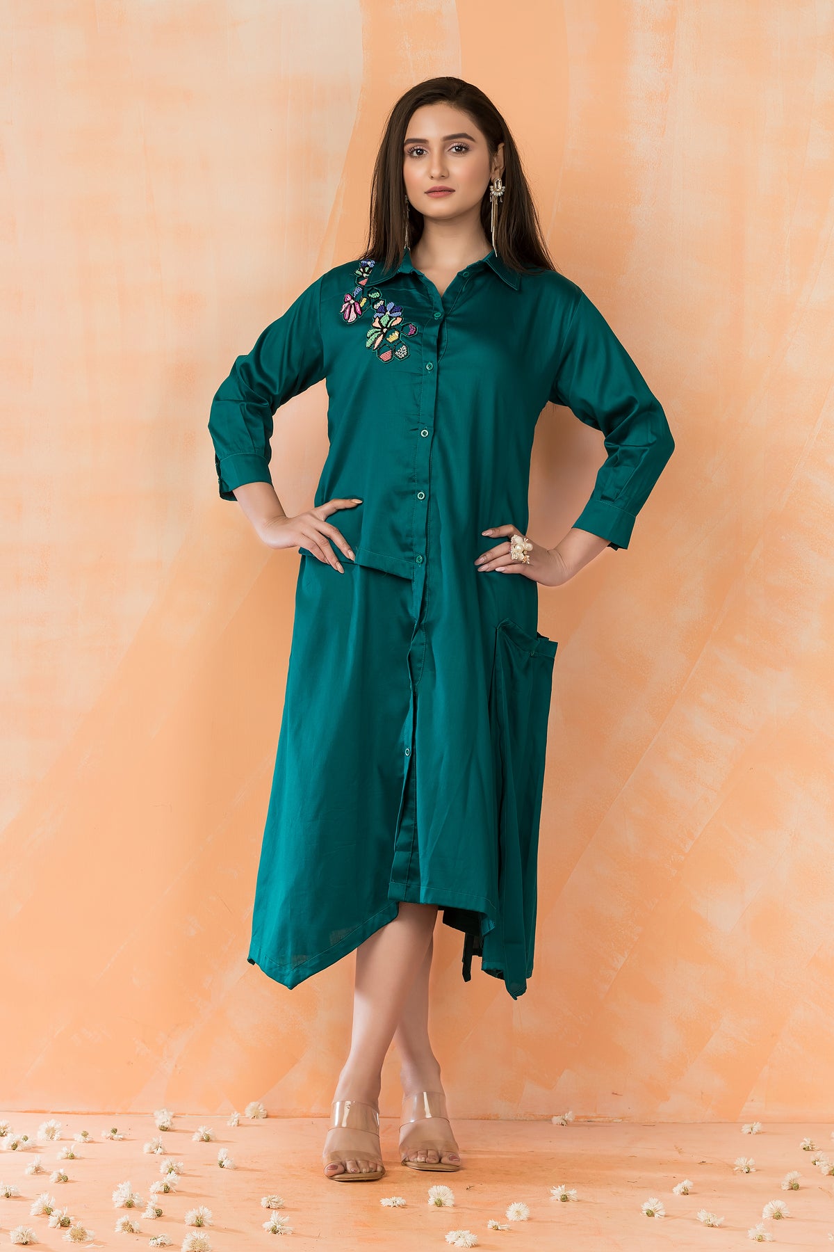 Asymmertric Floral Embroidered Dress