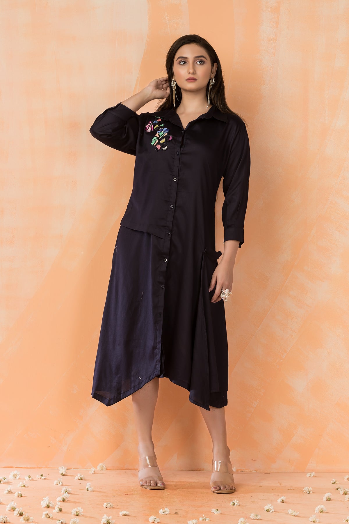 Asymmertric Floral Embroidered Dress