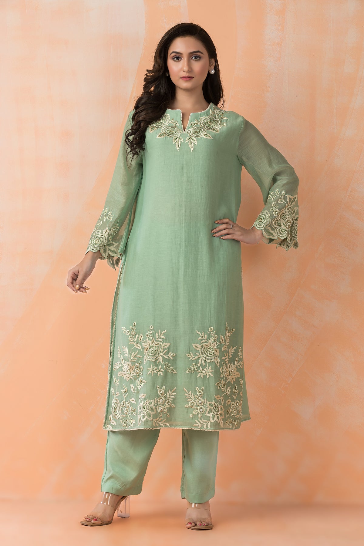 Embroidered Mul Chanderi Kurta Pant Set