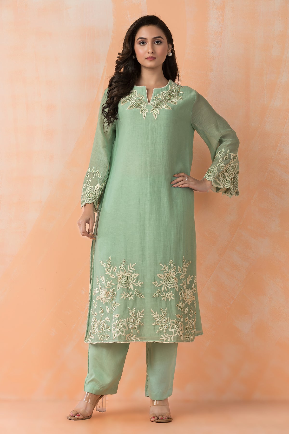 Embroidered Mul Chanderi Kurta Pant Set