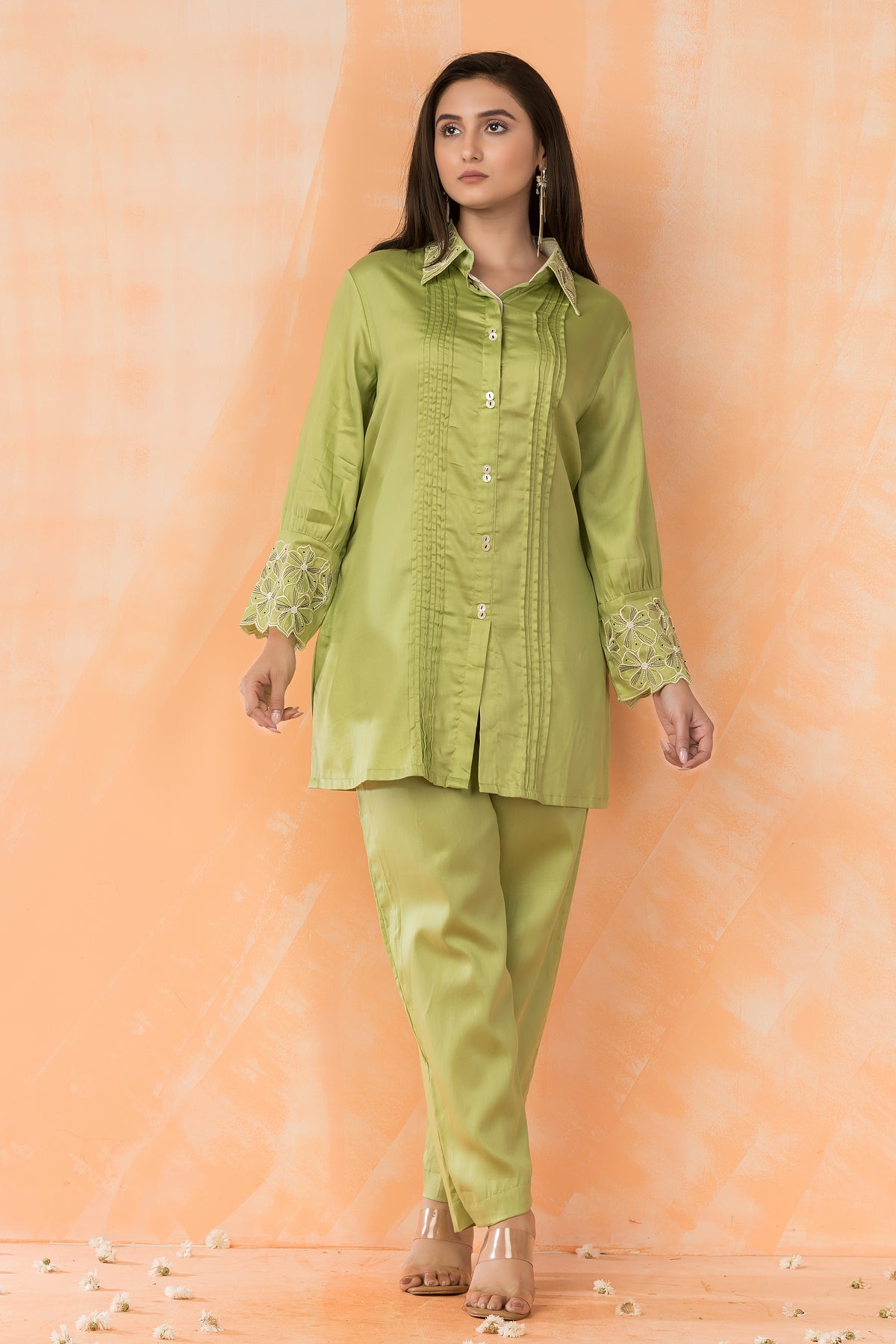 Embroidered Cotton Satin Co-ord Set