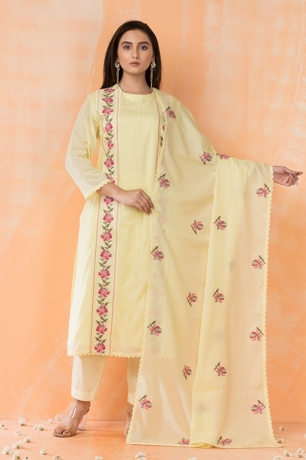 Embroidered Cotton Kurta Pant Dupatta Set
