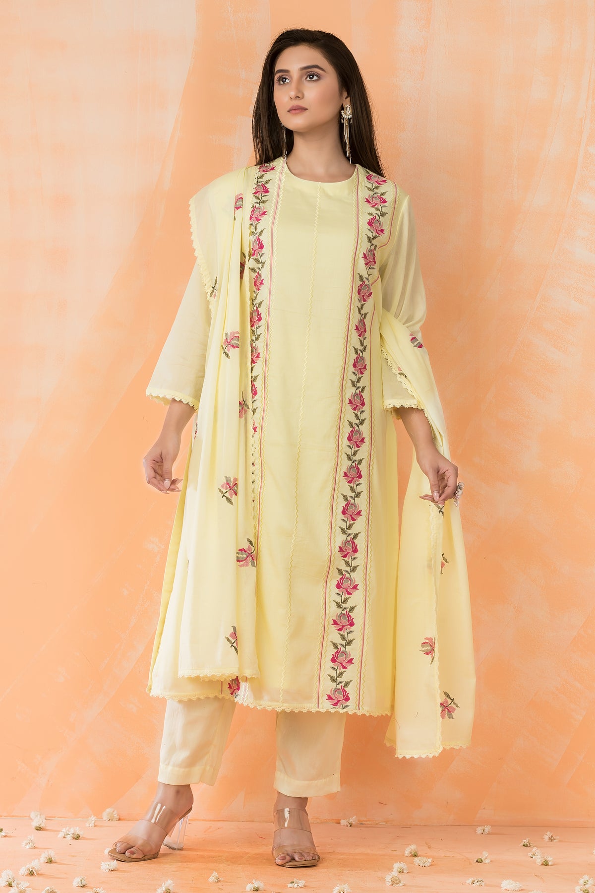 Embroidered Cotton Kurta Pant Dupatta Set
