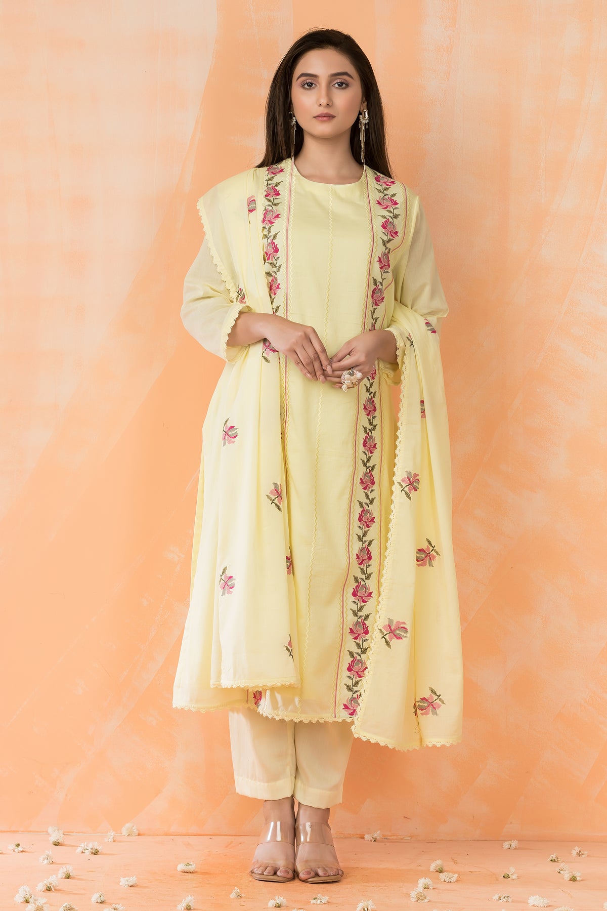 Embroidered Cotton Kurta Pant Dupatta Set