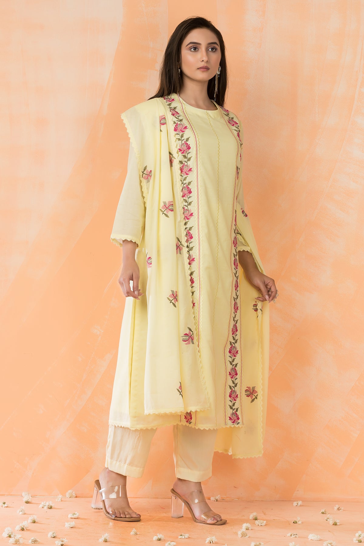 Embroidered Cotton Kurta Pant Dupatta Set
