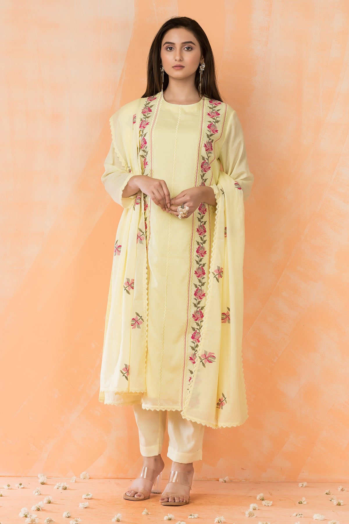 Embroidered Cotton Kurta Pant Dupatta Set
