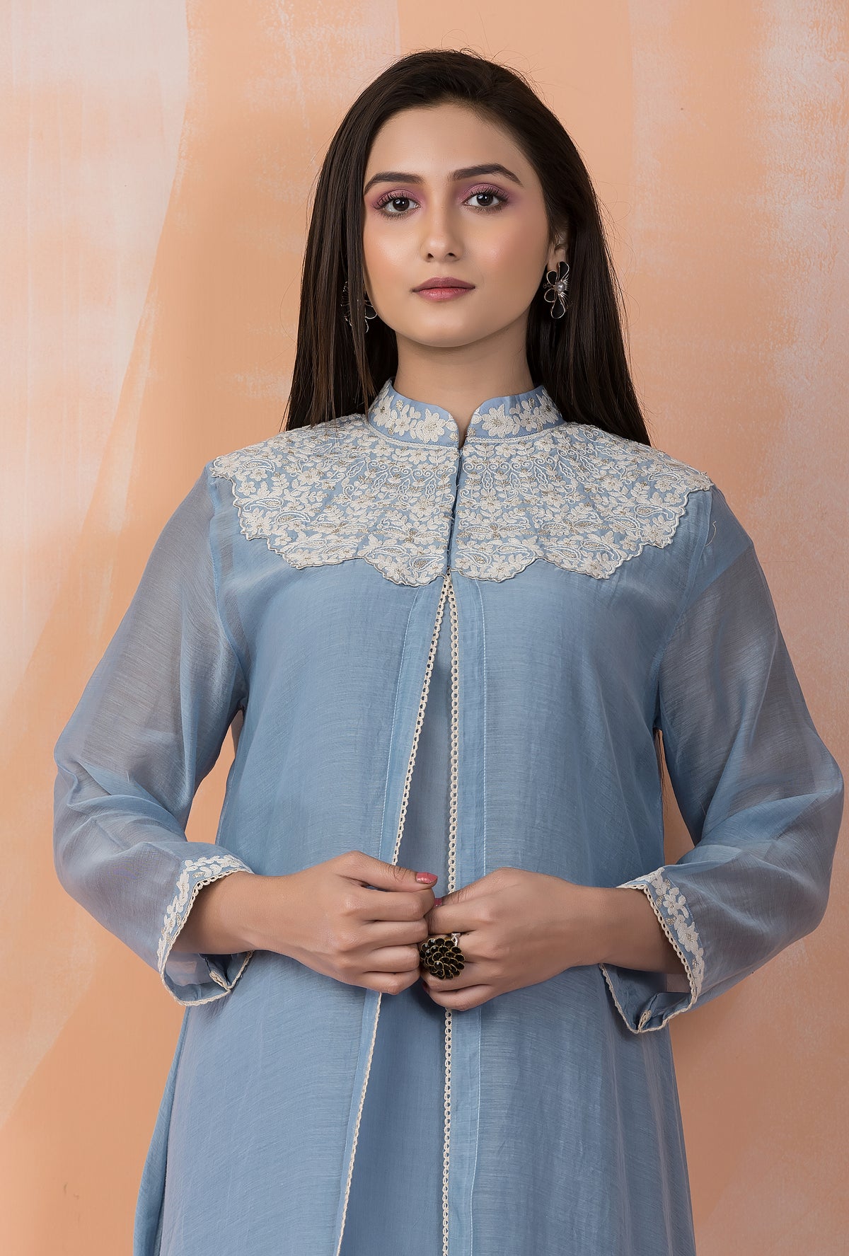 Embroidered Mul Chanderi Kurta Pant Set