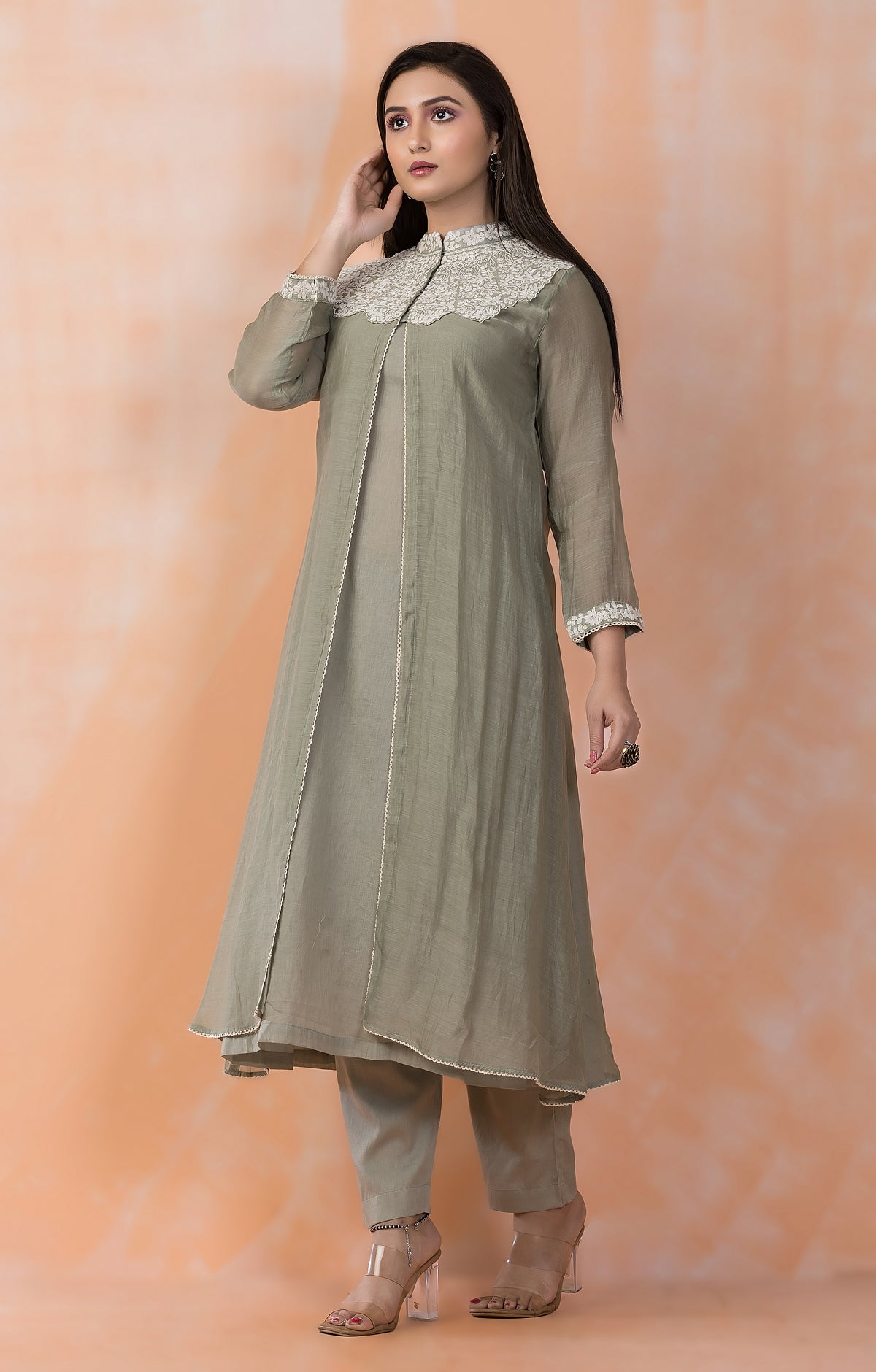 Embroidered Mul Chanderi Kurta Pant Set