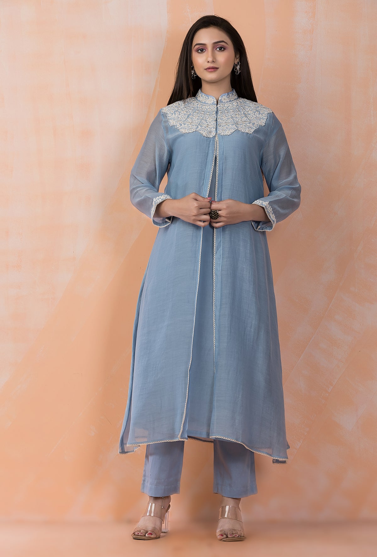 Embroidered Mul Chanderi Kurta Pant Set