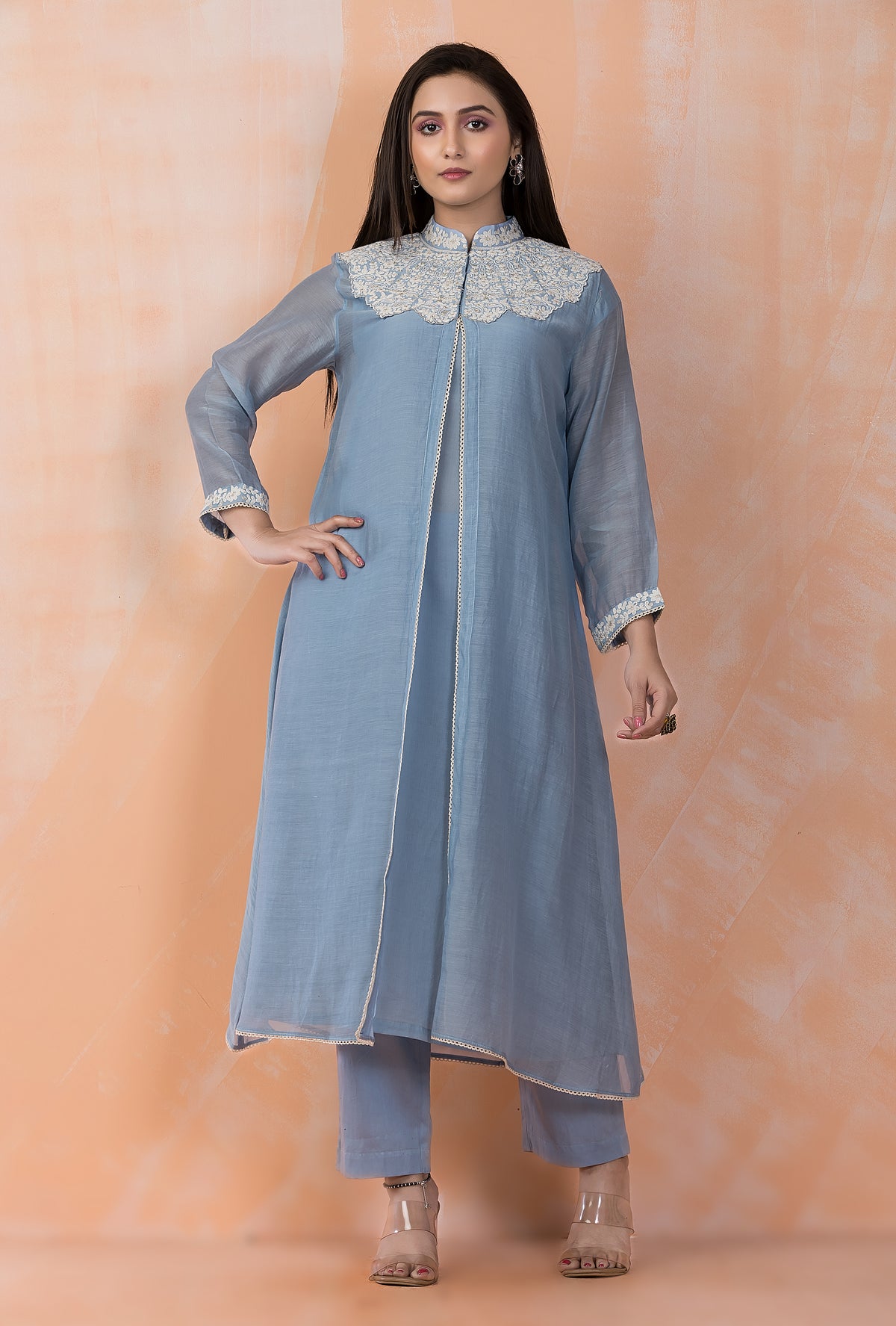 Embroidered Mul Chanderi Kurta Pant Set