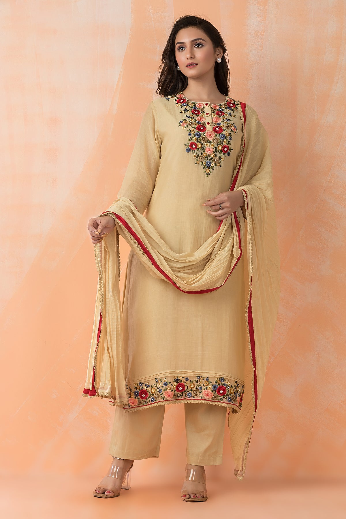 Mul Chanderi Kurta Pant Dupatta Set