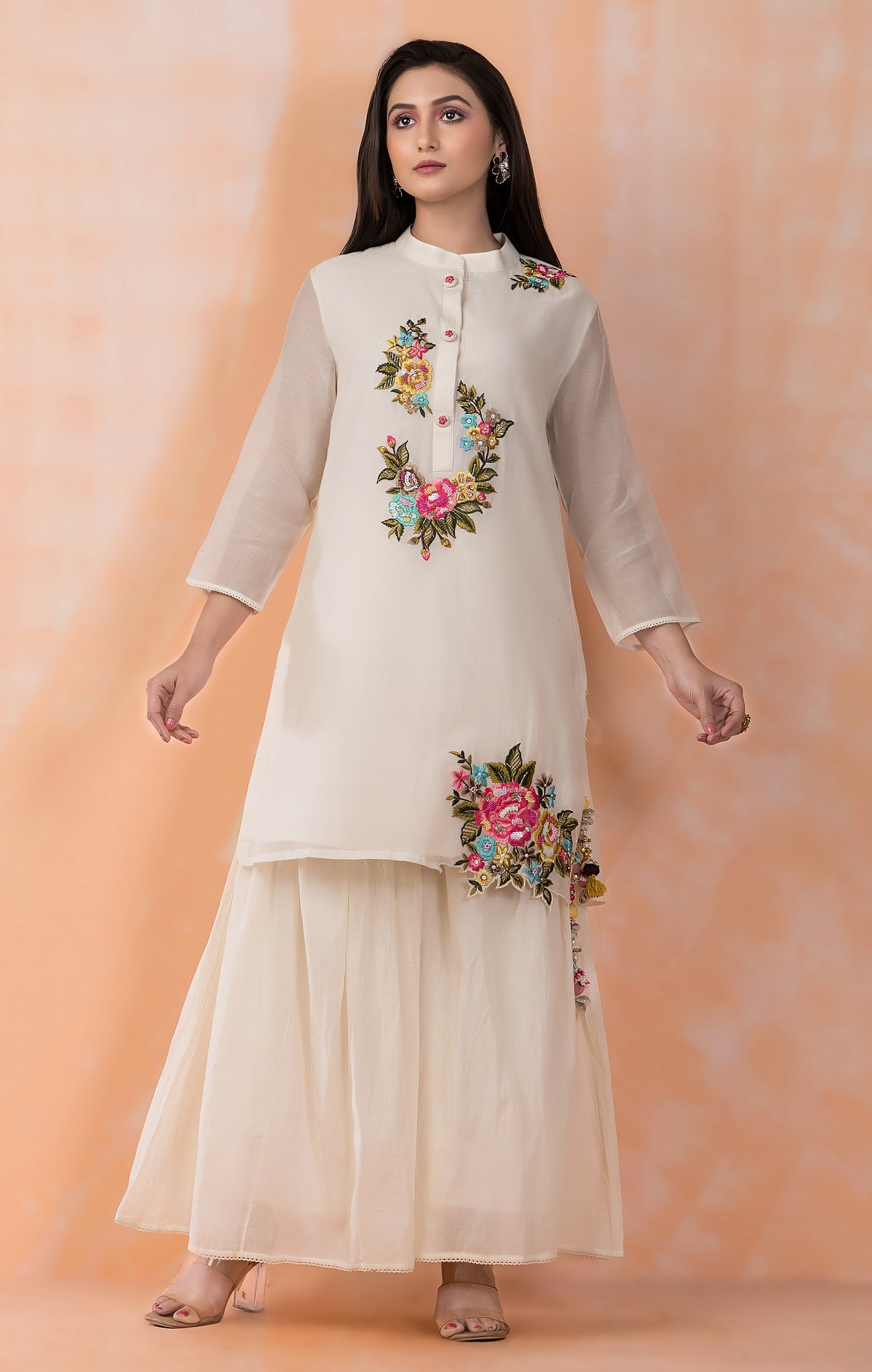 Embroidered Mul Chanderi Kurta Sharara Set