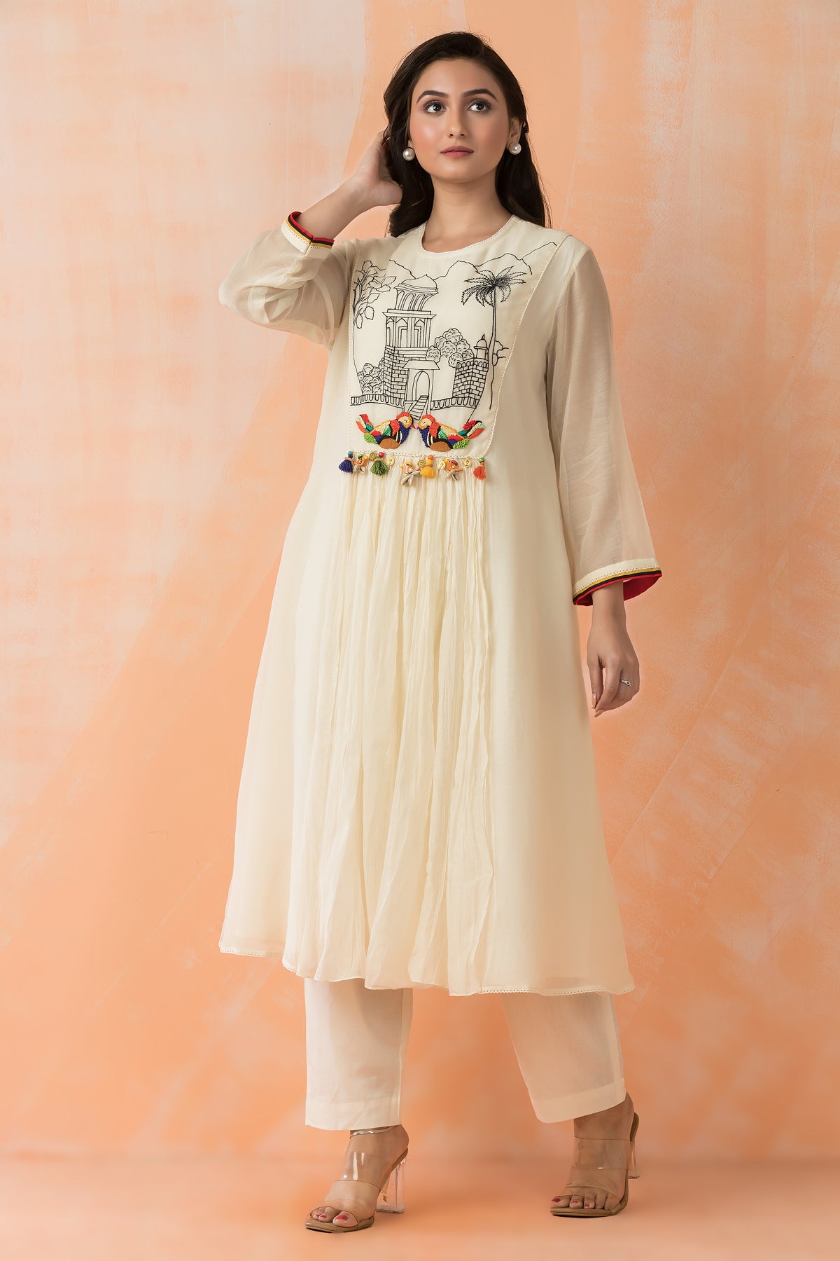 Embroidered Mul Chanderi Kurta Pant Set