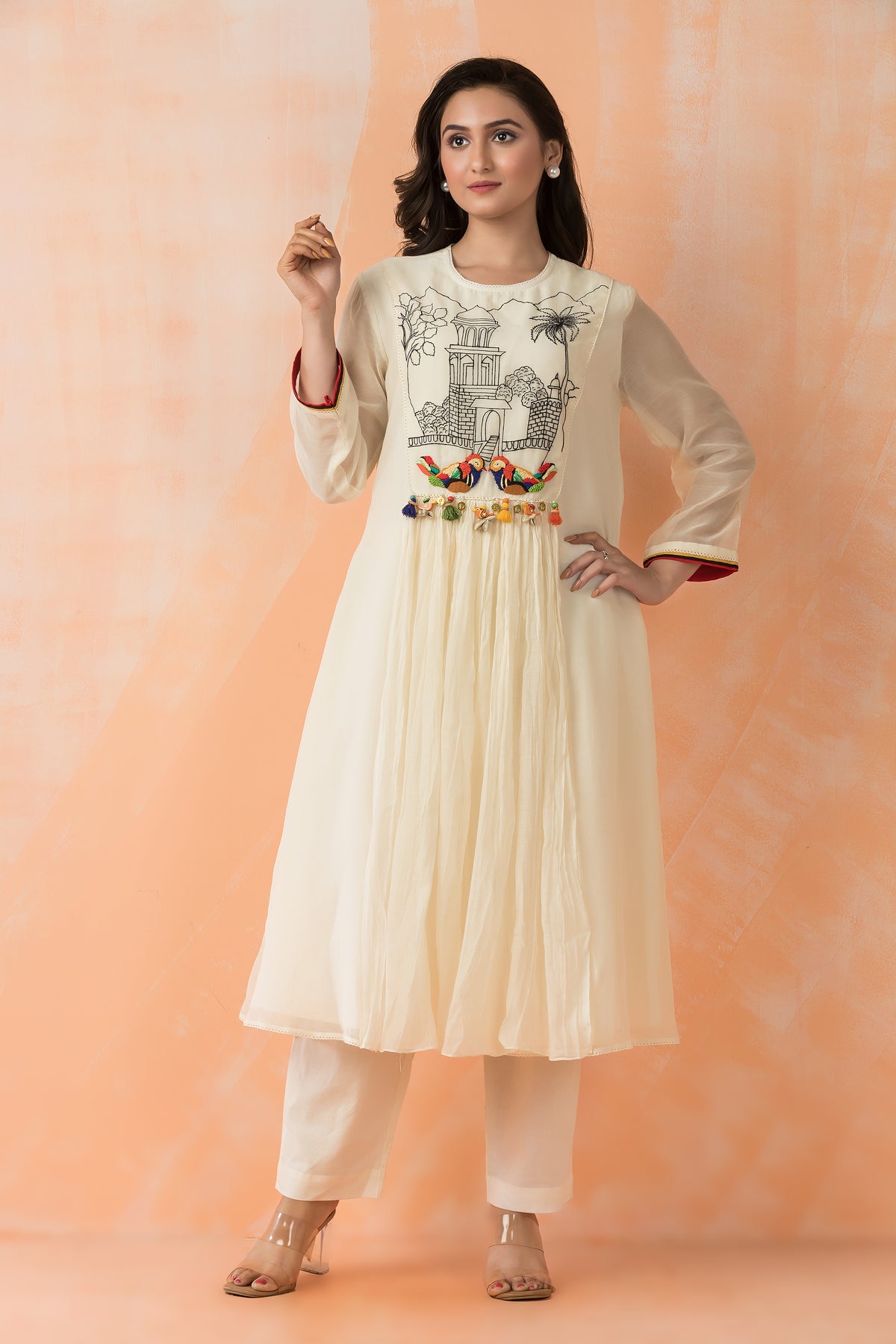 Embroidered Mul Chanderi Kurta Pant Set