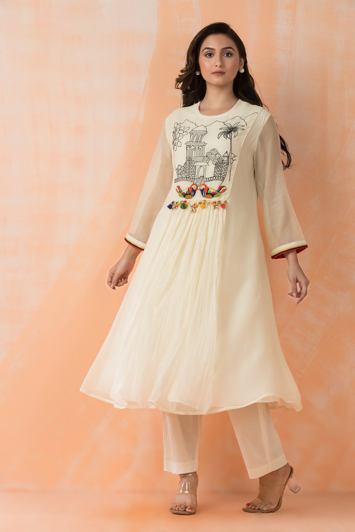 Embroidered Mul Chanderi Kurta Pant Set