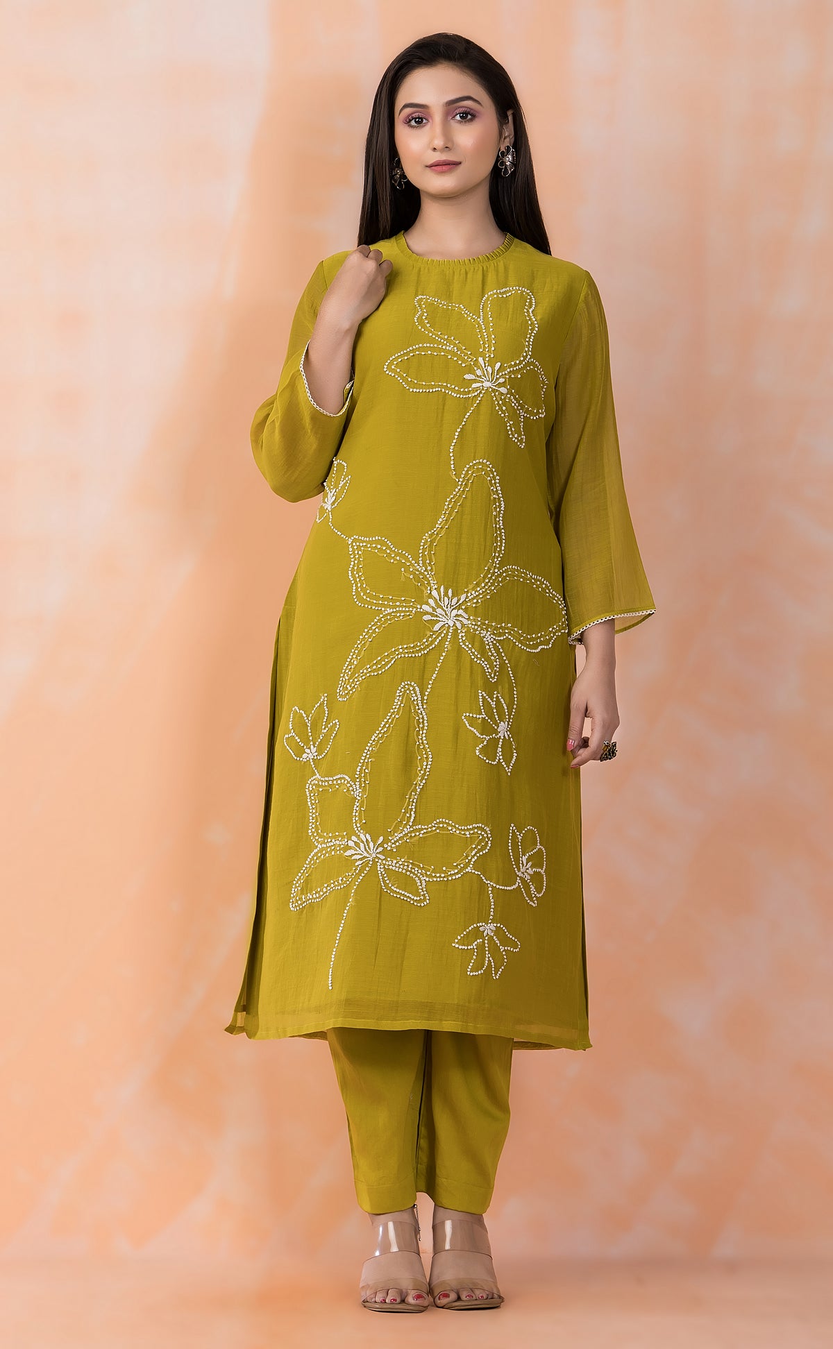 Embroidered Mul Chanderi Kurta Pant Set