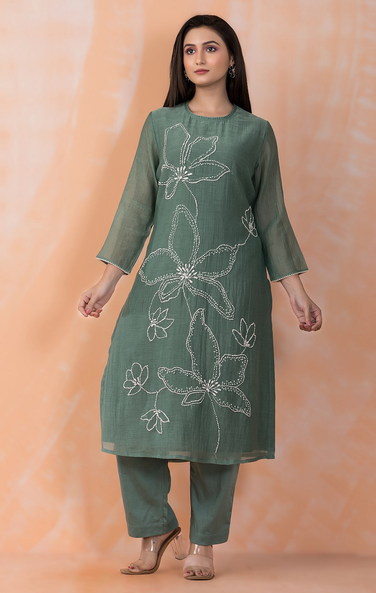 Embroidered Mul Chanderi Kurta Pant Set