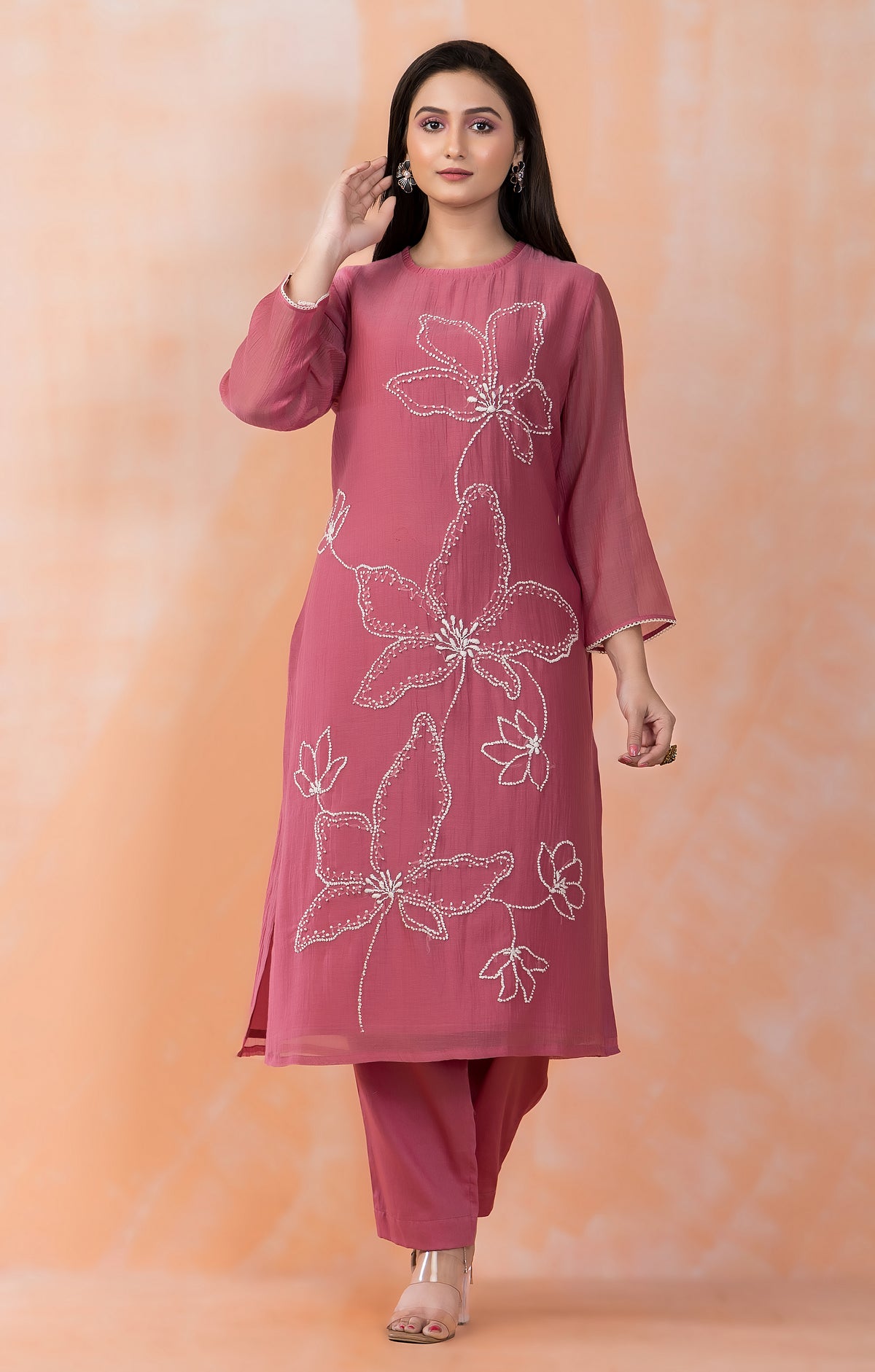 Embroidered Mul Chanderi Kurta Pant Set