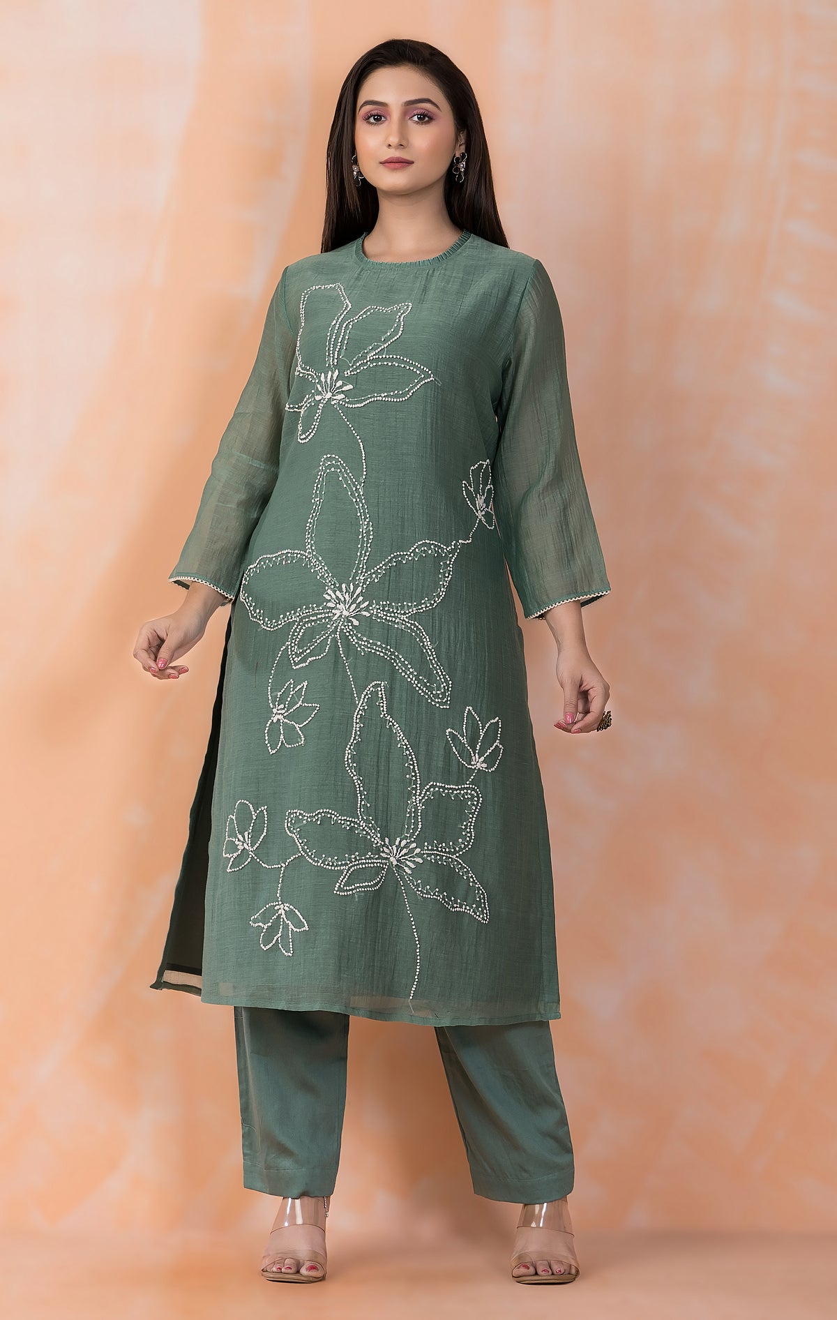 Embroidered Mul Chanderi Kurta Pant Set
