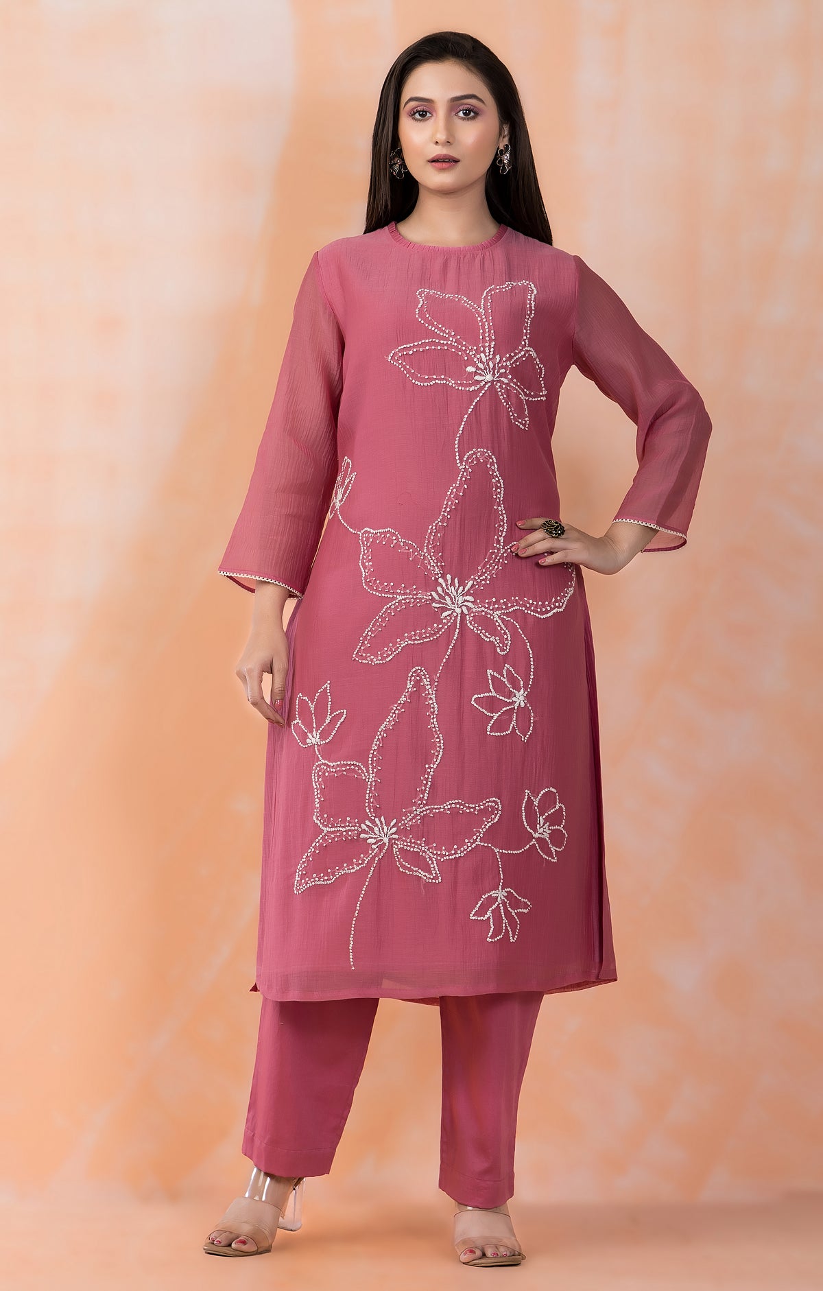 Embroidered Mul Chanderi Kurta Pant Set