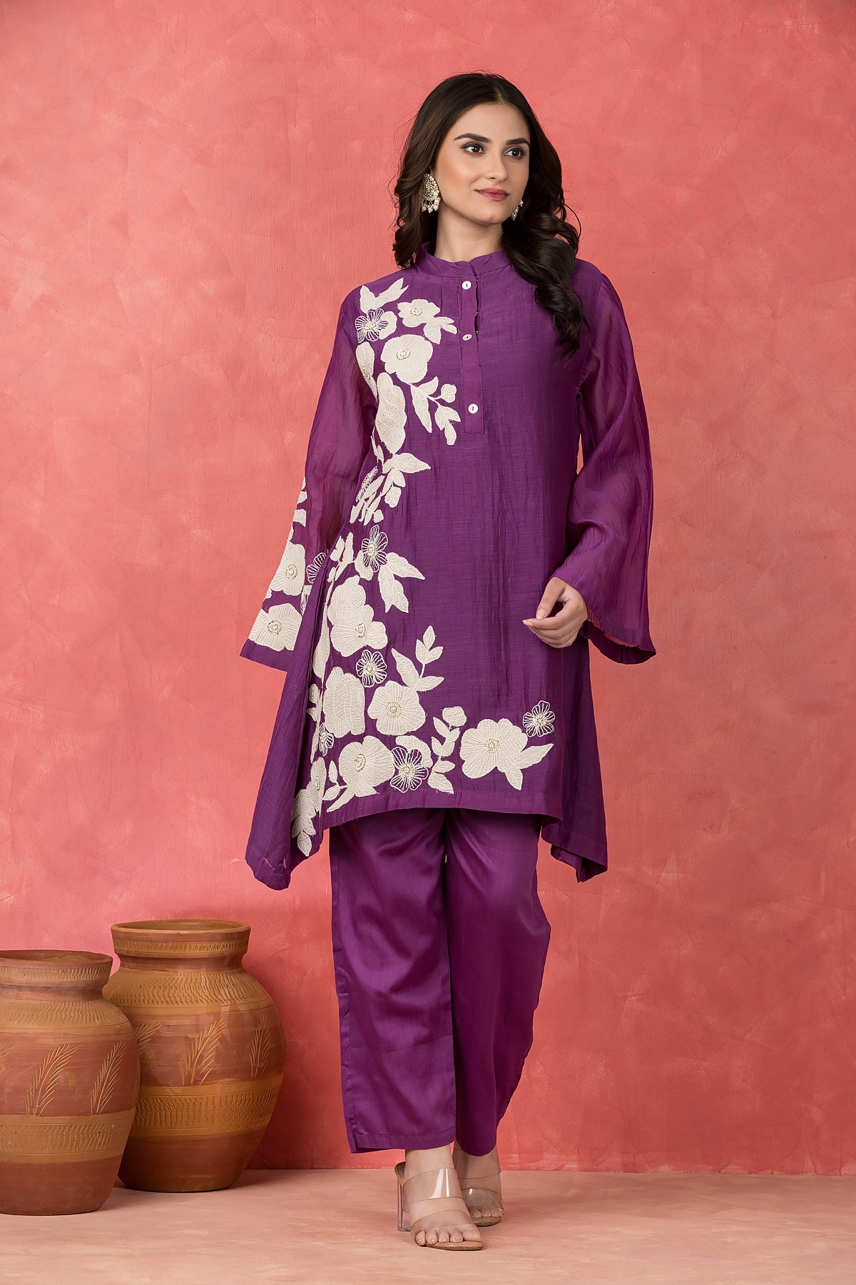 Mul Chanderi Applique Embroidered Co-ord set