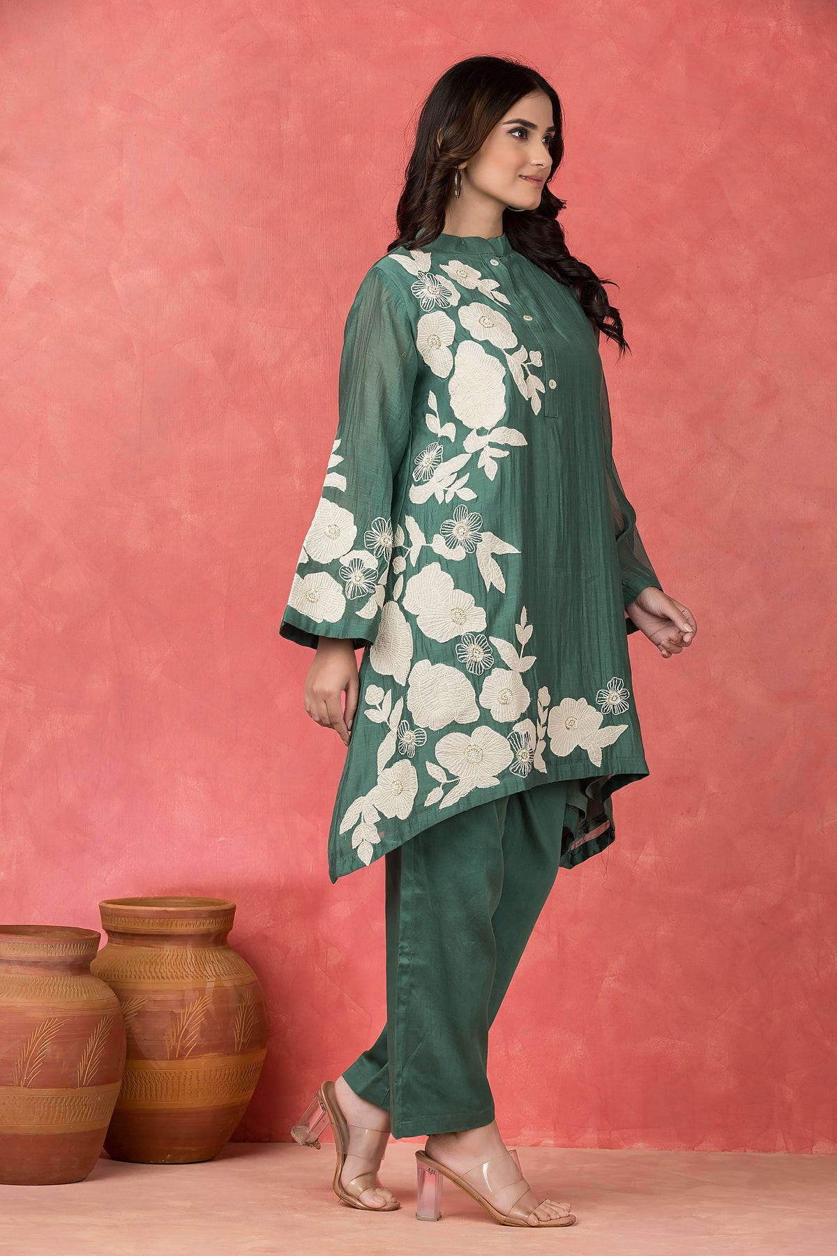 Mul Chanderi Applique Embroidered Co-ord set