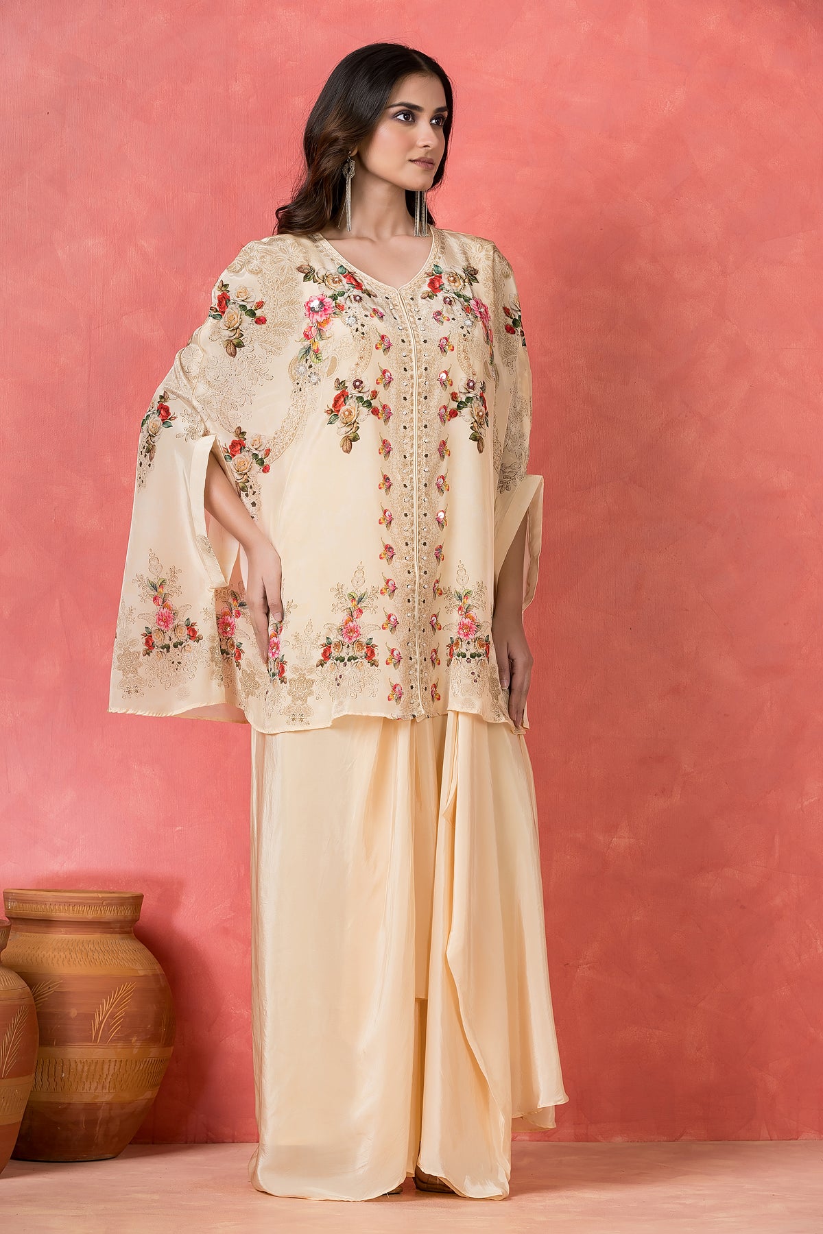 Embroidered Cape Drape Gown